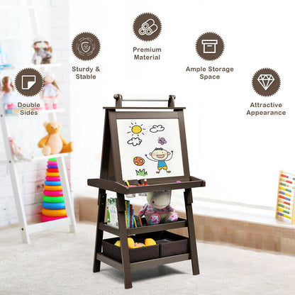 Brown art easel with paper roll featuring text about its benefits and a drawing on the whiteboard