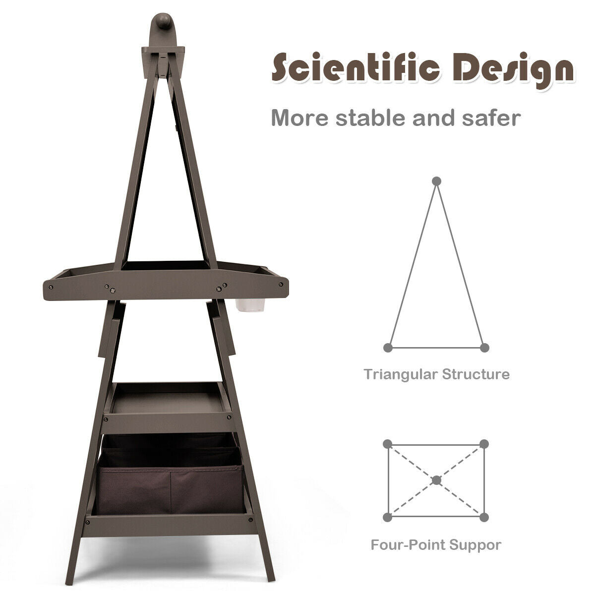 Side view of the brown art easel with paper roll, highlighting its structure