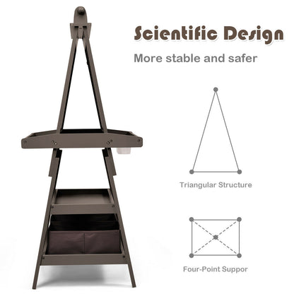 Side view of the brown art easel with paper roll, highlighting its structure