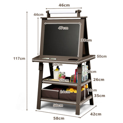 Brown art easel with paper roll showing dimensions for height and width