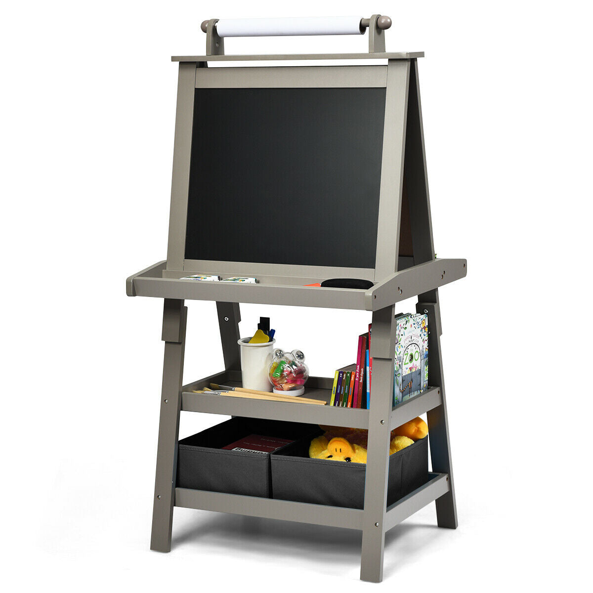 The art easel with a blank blackboard side and storage shelves filled with accessories