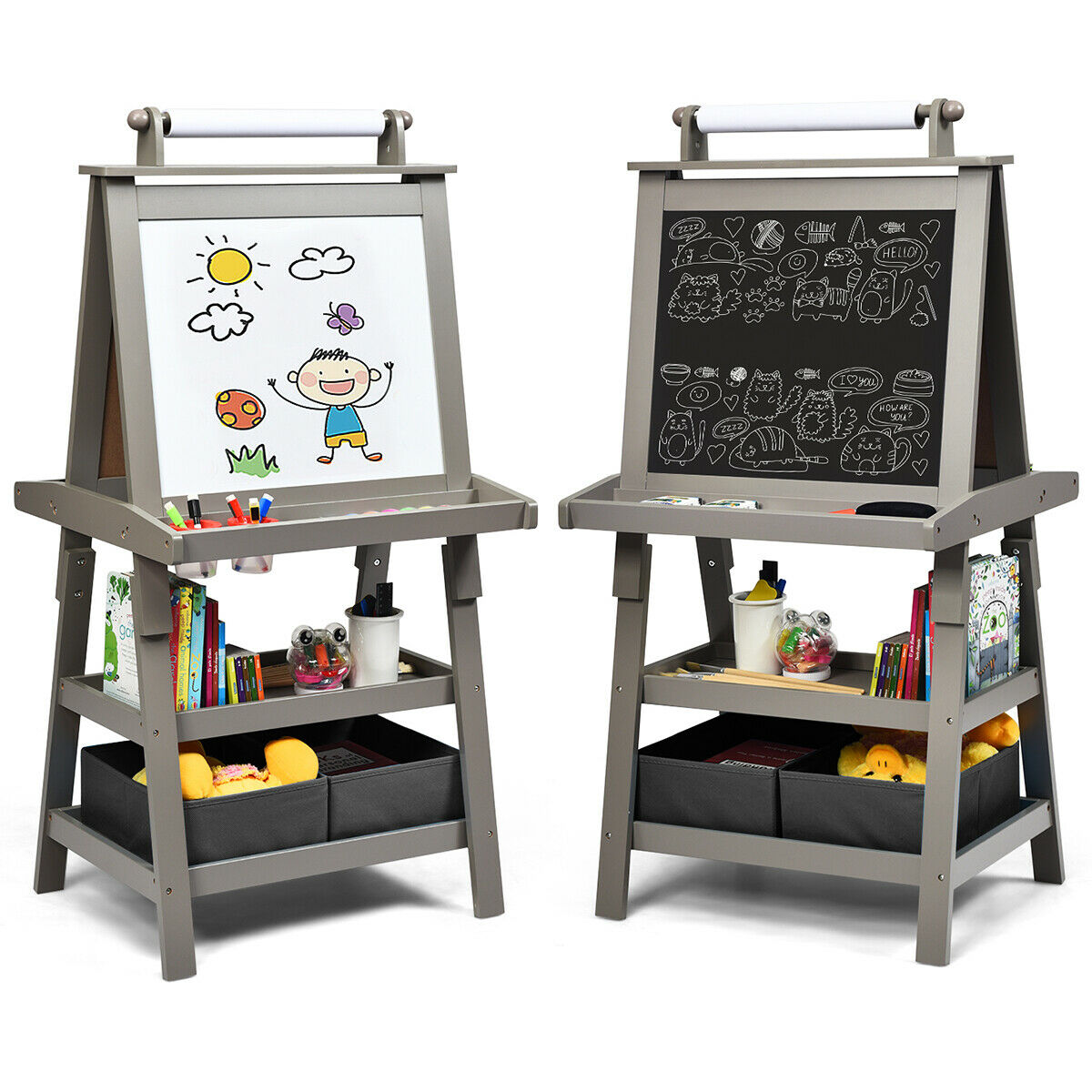 Children's Double-Sided Art Easel with Paper Roll-Grey showing both sides with art supplies