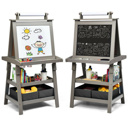 Children's Double-Sided Art Easel with Paper Roll-Grey showing both sides with art supplies
