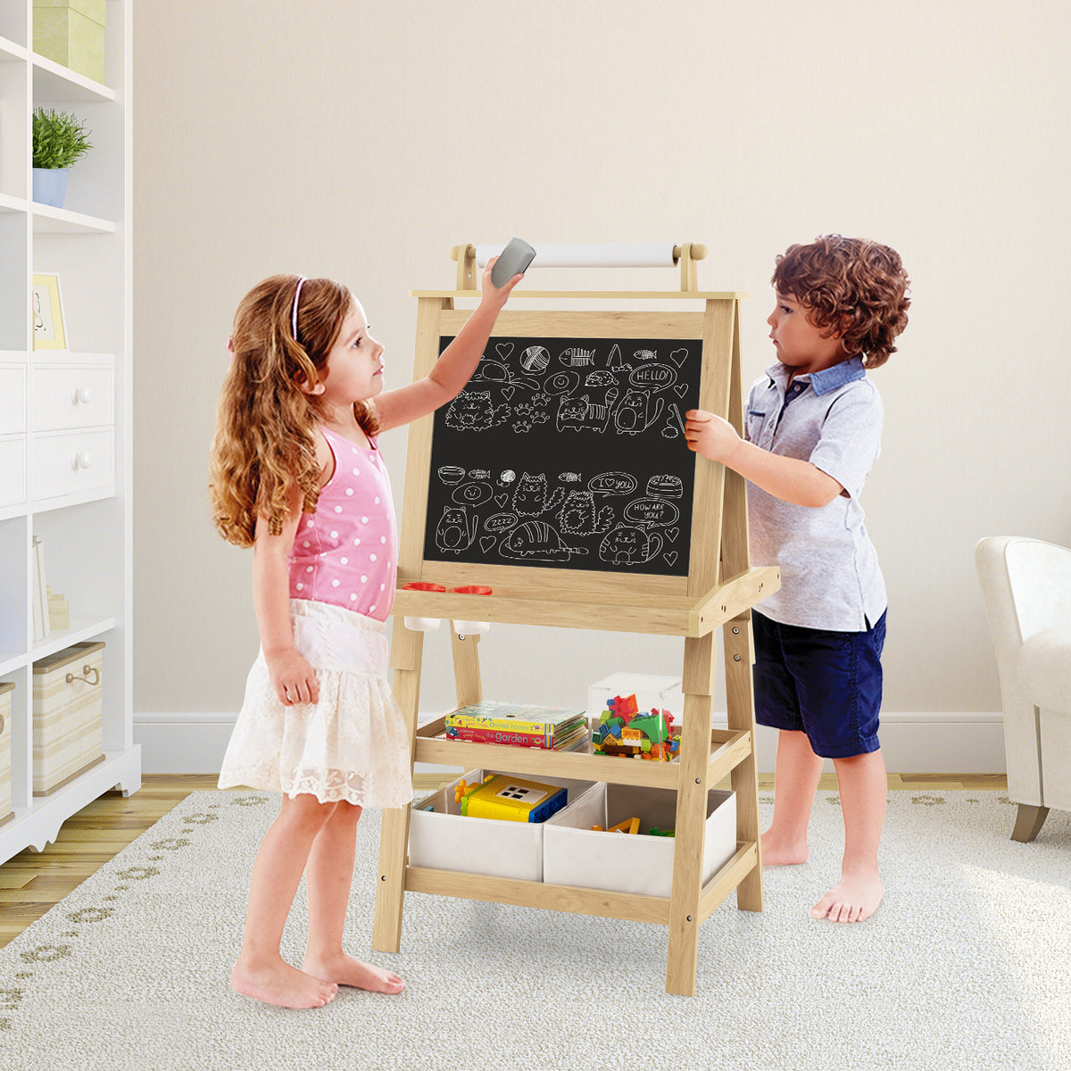 The wooden art easel has a chalkboard and whiteboard, with two children using it