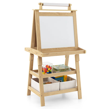 The natural wood art easel has a whiteboard on one side and a chalkboard on the other