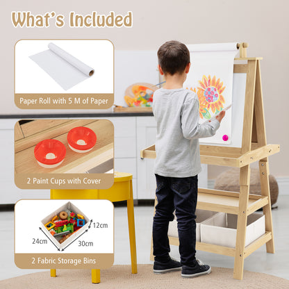 The art easel includes a paper roll, two paint pots with lids and two fabric storage bins