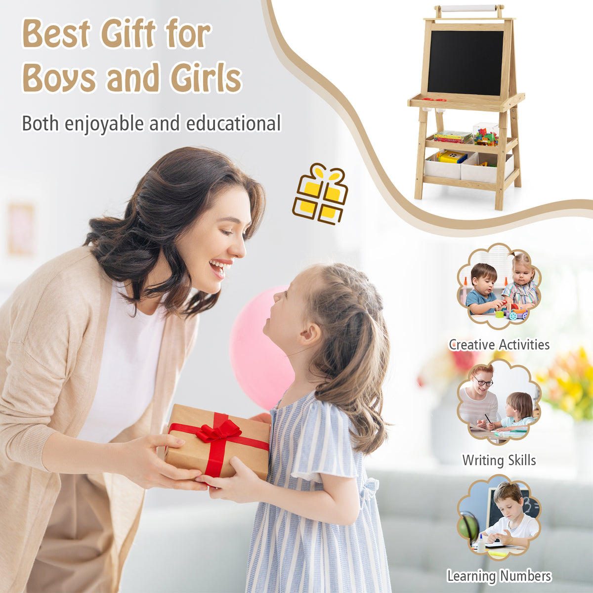 Children's Double-Sided Art Easel with Paper Roll, a mother giving a gift to a child, with inset creative activities