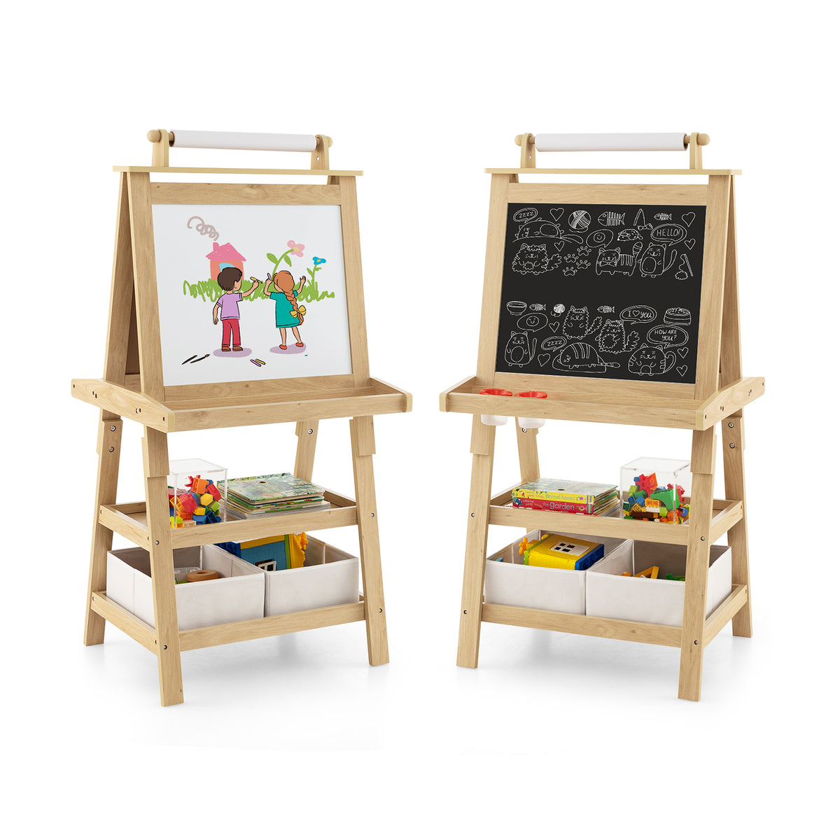 Children's Double-Sided Art Easel with Paper Roll, natural wood finish, showing both sides with drawings and chalk art