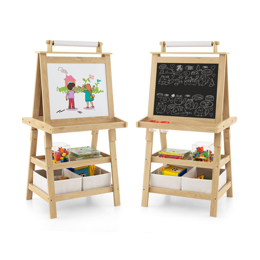 Children's Double-Sided Art Easel with Paper Roll, natural wood finish, showing both sides with drawings and chalk art