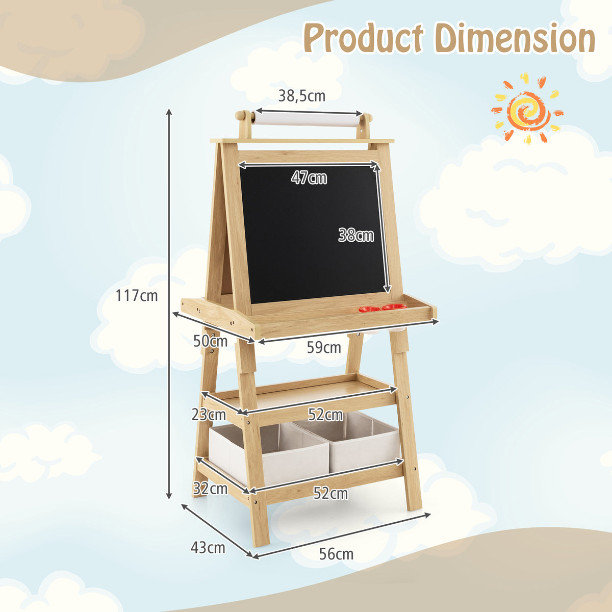 Product dimensions for the wooden art easel are shown with measurements