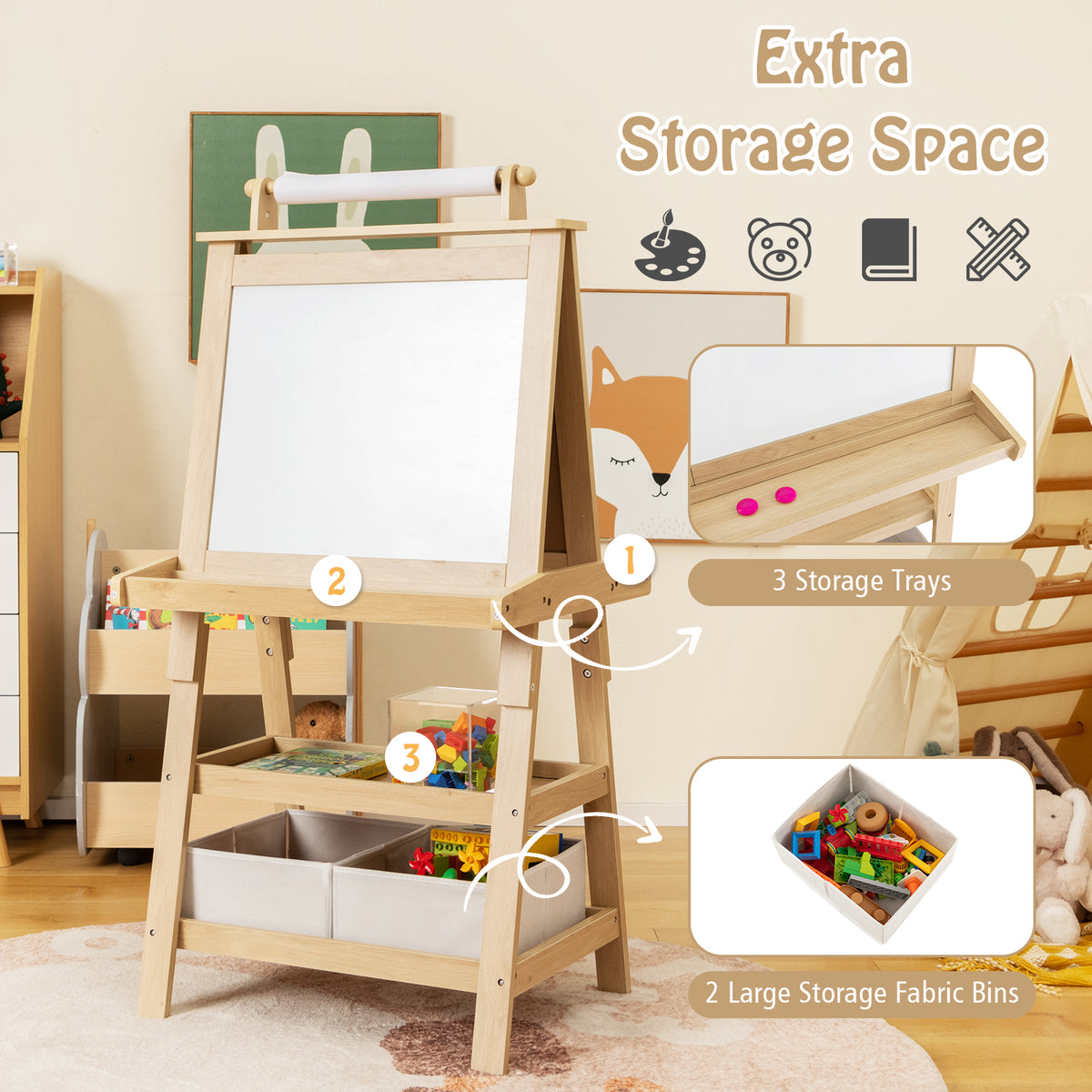 The art easel has three trays and two large fabric storage bins for art supplies