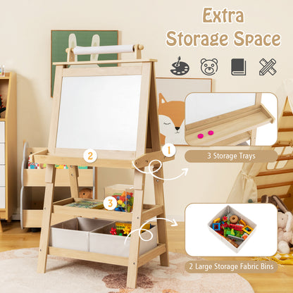 The art easel has three trays and two large fabric storage bins for art supplies