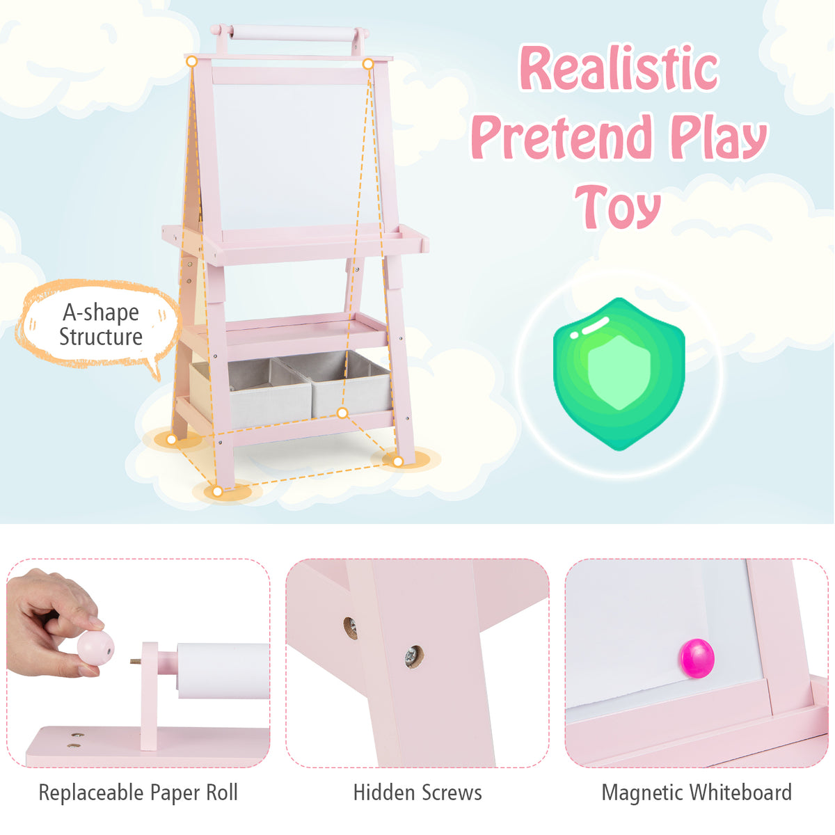 Close up of the pink art easel showing the paper roll and magnetic board