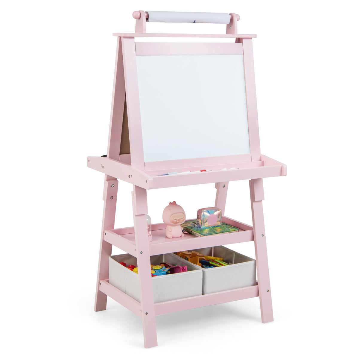 Pink art easel with paper roll and storage bins