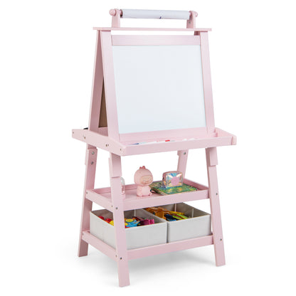 Pink art easel with paper roll and storage bins