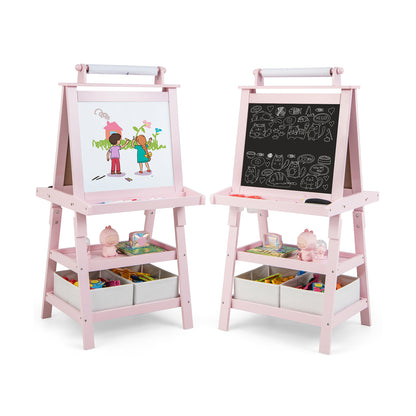 Children's Double-Sided Art Easel with Paper Roll-Pink showing both sides of the easel