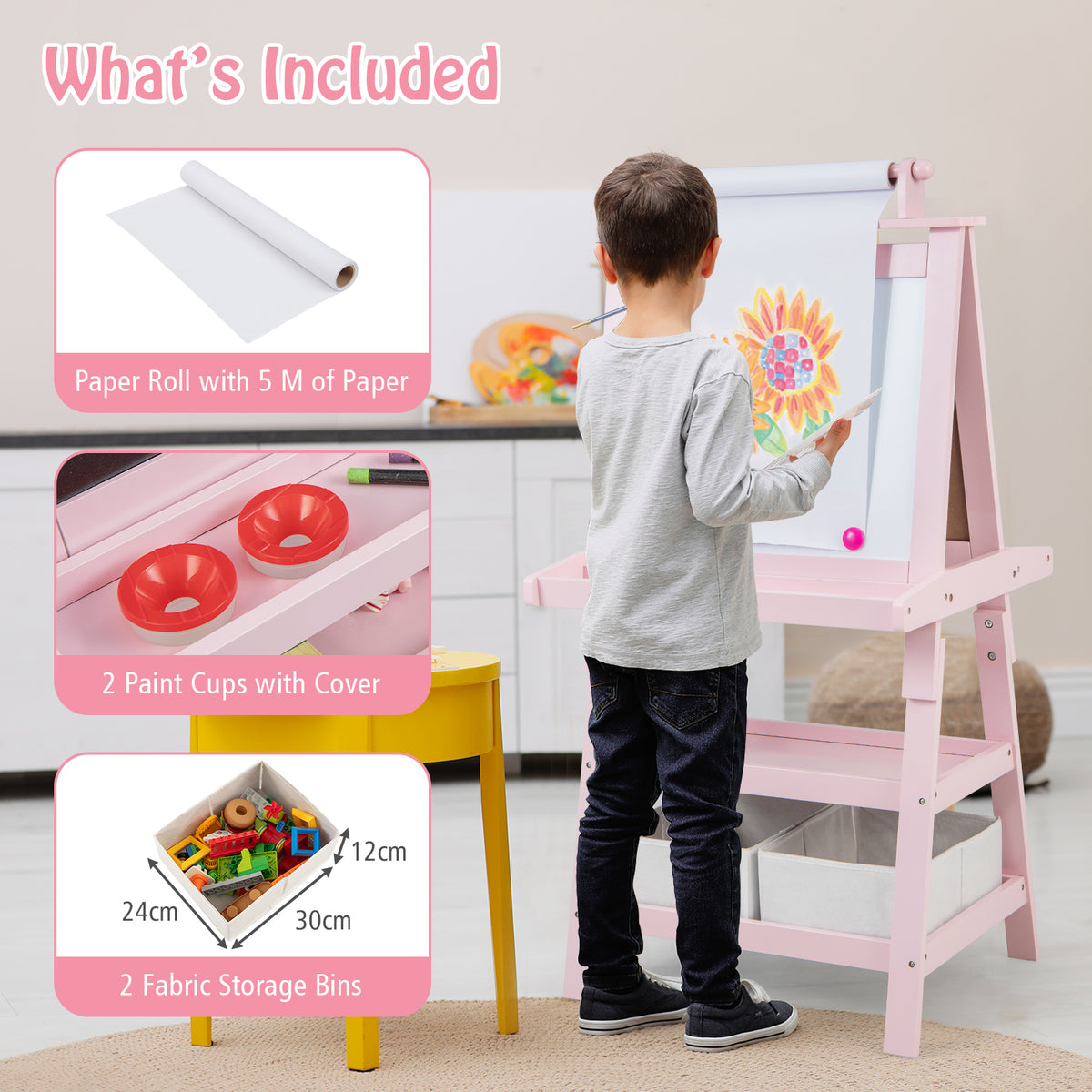 What's included with the pink art easel including paper roll and storage bins