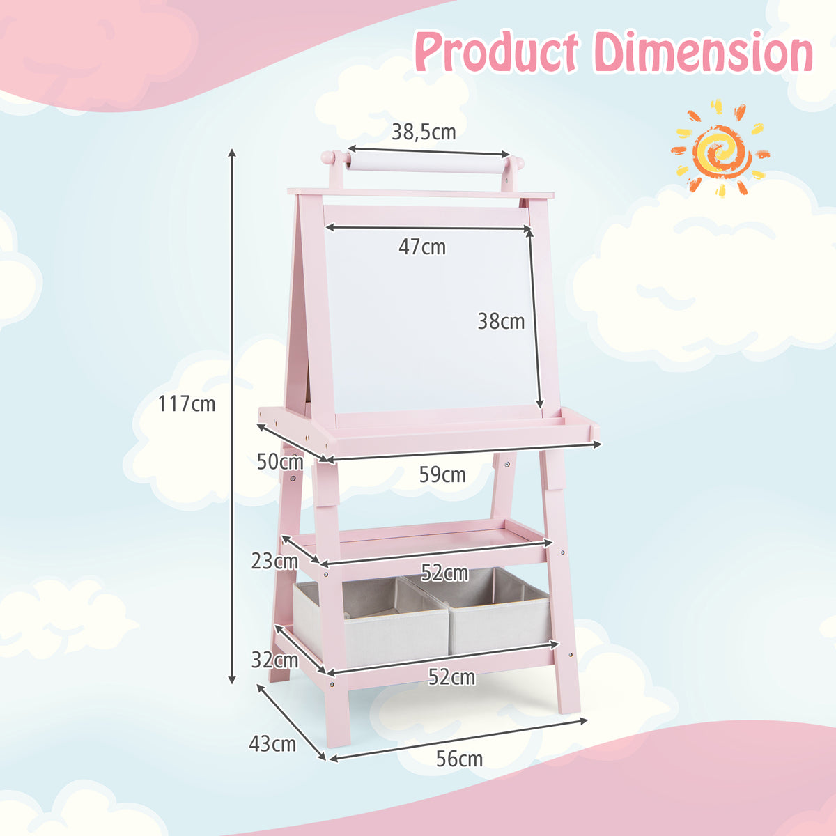 Product dimensions of the pink art easel with measurements shown