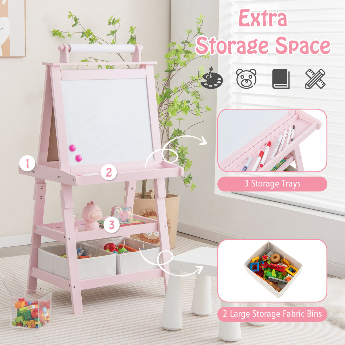 Extra storage space on the pink art easel with fabric bins and trays