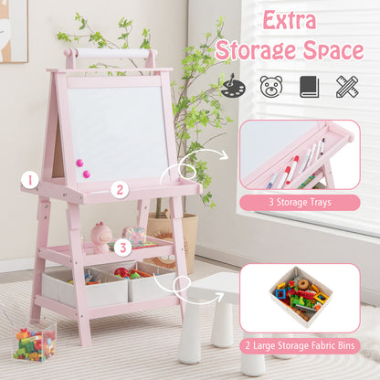 Extra storage space on the pink art easel with fabric bins and trays