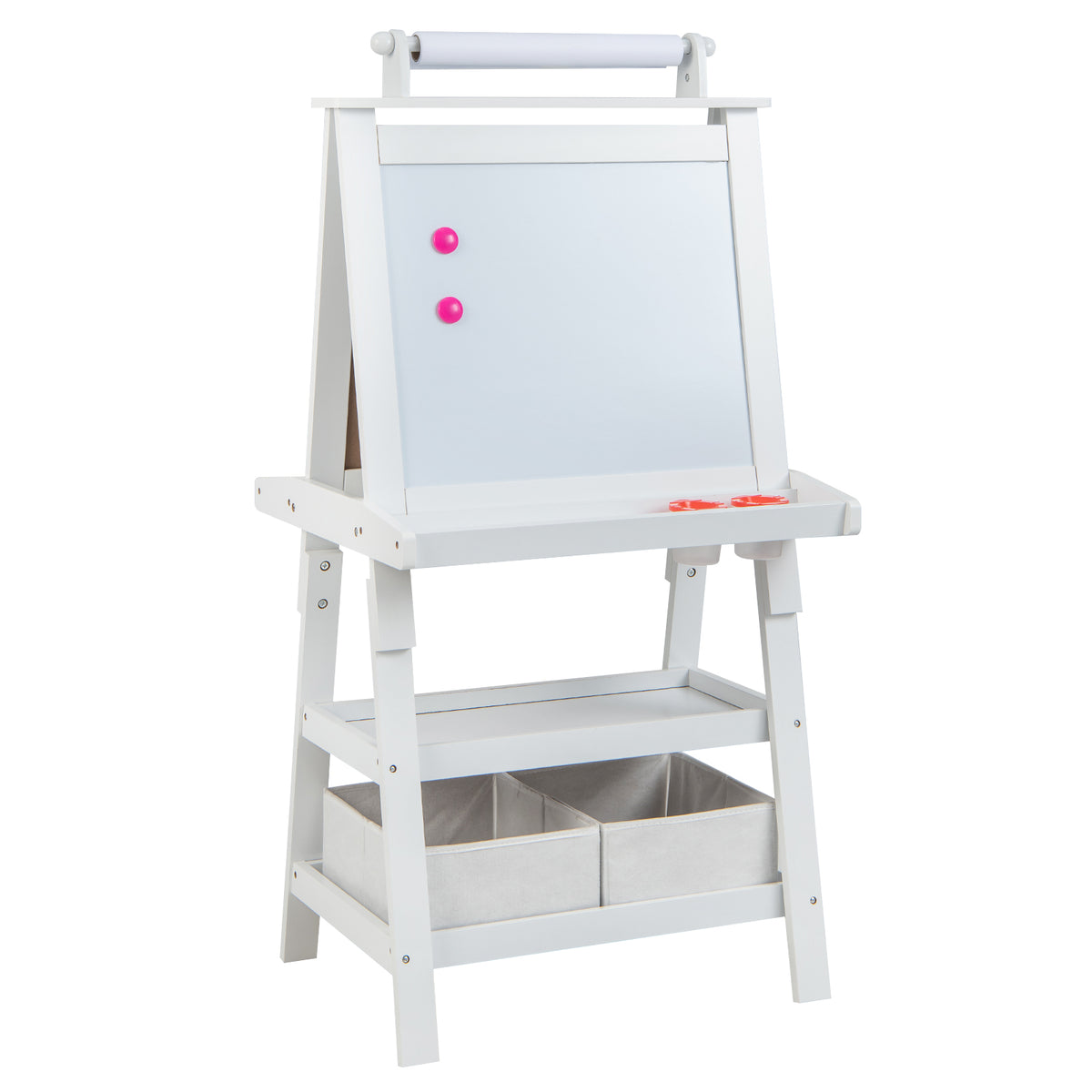 Close-up of the white art easel showing the magnetic whiteboard and chalk board surfaces