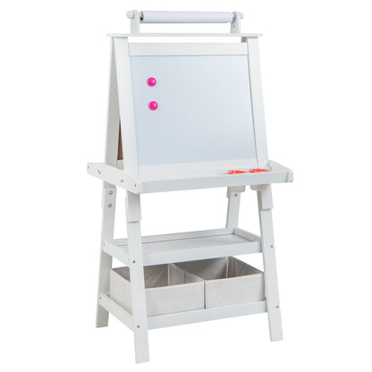 Close-up of the white art easel showing the magnetic whiteboard and chalk board surfaces