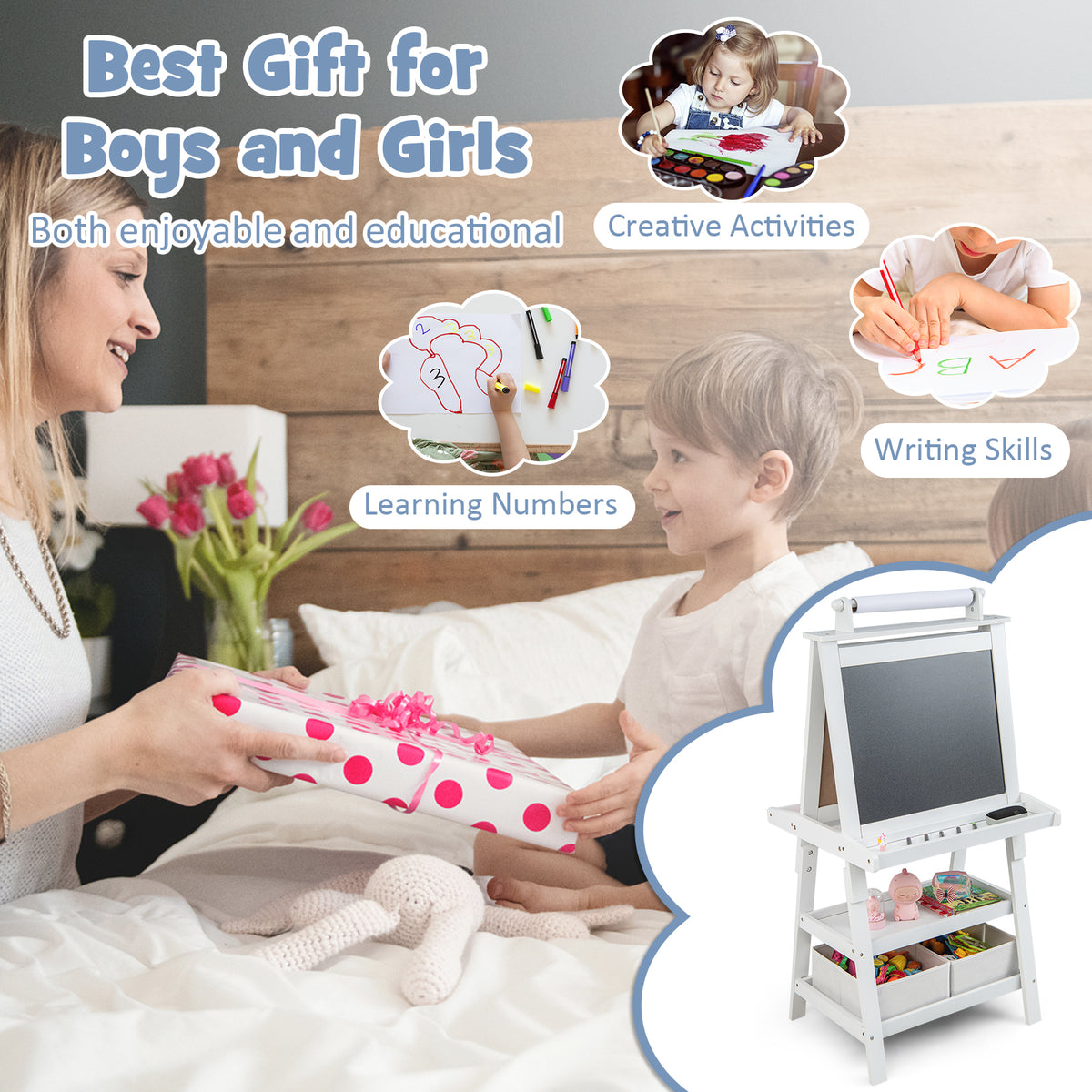 Mother giving a gift to a child next to the white art easel, highlighting educational benefits