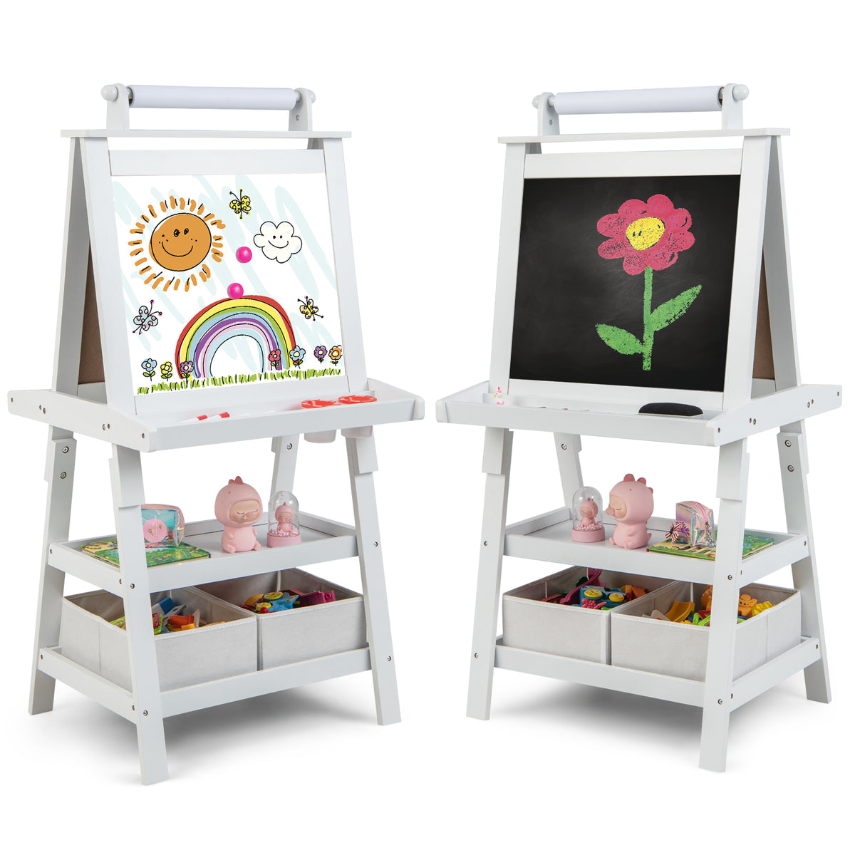 Children's Double-Sided Art Easel with Paper Roll, white, showing both sides with drawings and chalk art