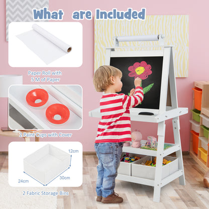 Contents of the art easel box including paper roll, paint cups and fabric bins