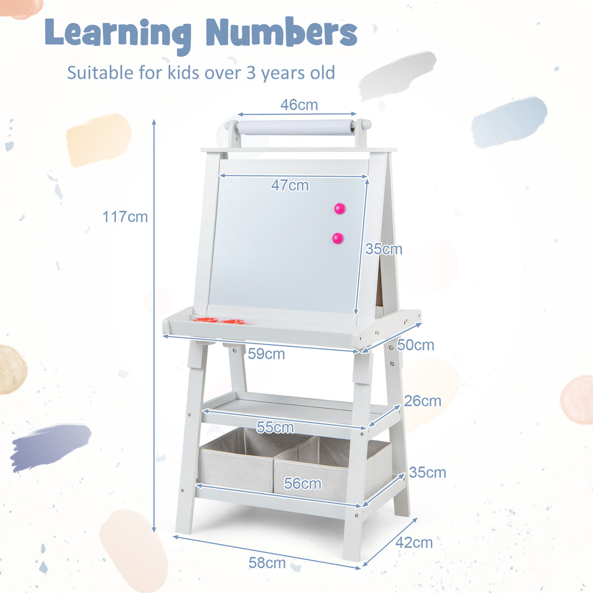 White art easel with dimensions shown for height, width and depth of shelves