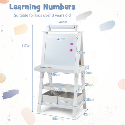 White art easel with dimensions shown for height, width and depth of shelves