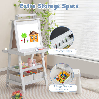 White art easel with storage trays and fabric bins filled with art supplies