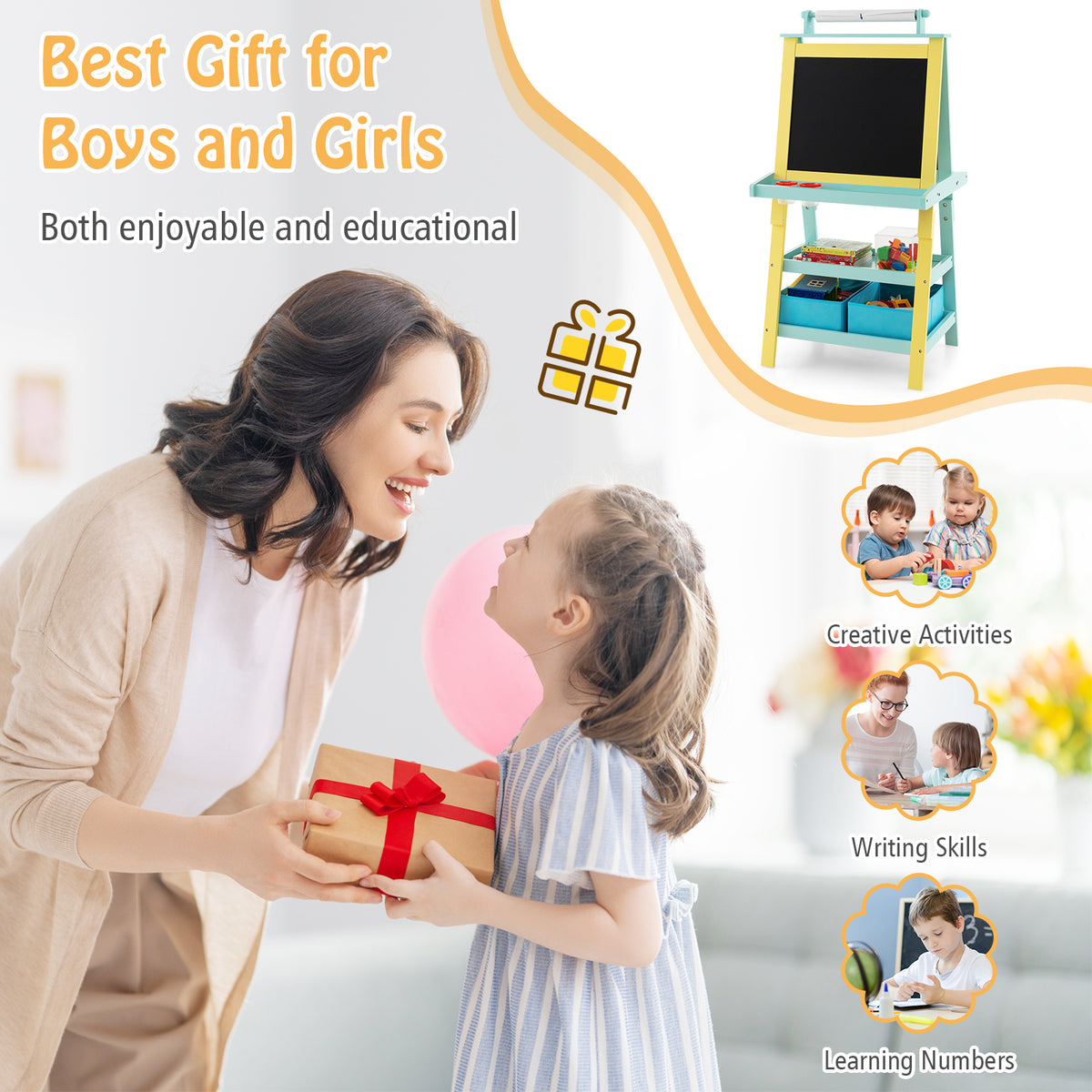 The art easel presented as a gift idea for children with small activity vignettes