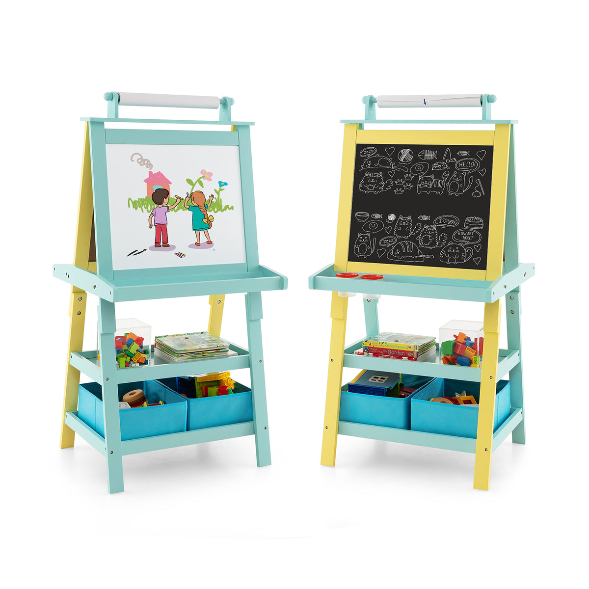 Children's Double-Sided Art Easel with Paper Roll showing both sides with drawings and storage