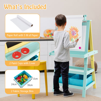 The art easel shown with callouts for the included paper roll, paint cups and fabric bins