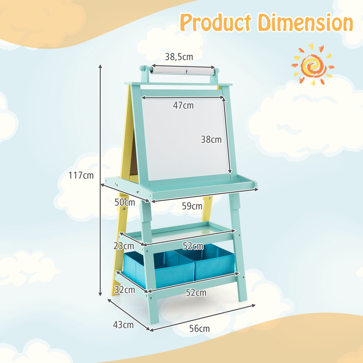 The art easel displayed with various dimension lines and measurements in centimetres