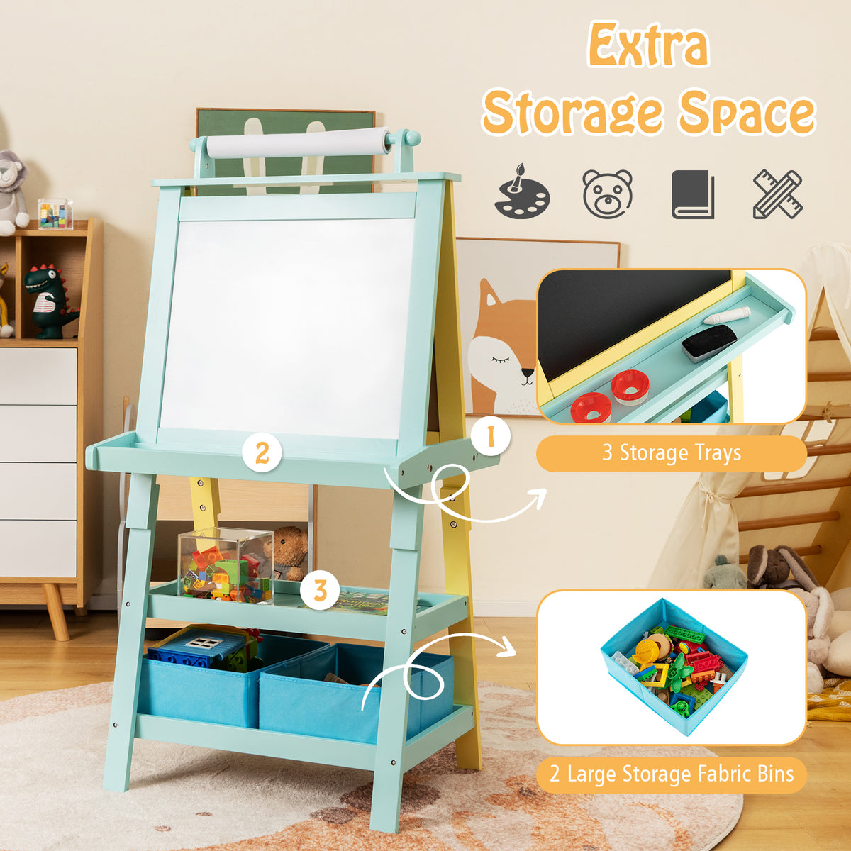The art easel highlighting the three storage trays and two large fabric bins for organisation
