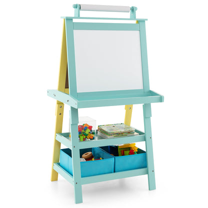 The art easel featuring a white magnetic board and lower shelves with storage bins
