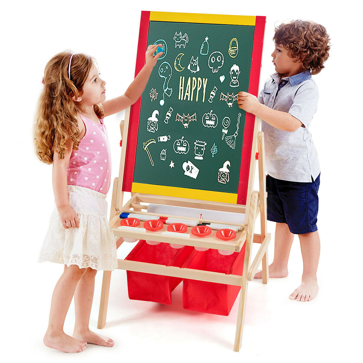 Two children drawing on the double sided art easel with storage bags