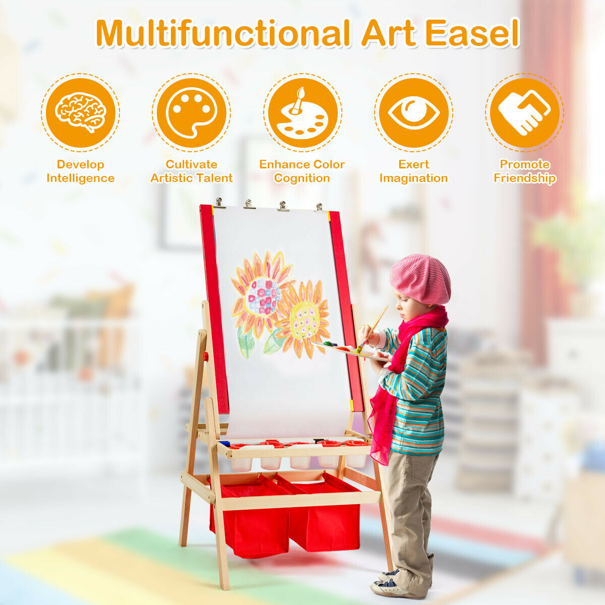 Girl painting on a double sided art easel with storage bags