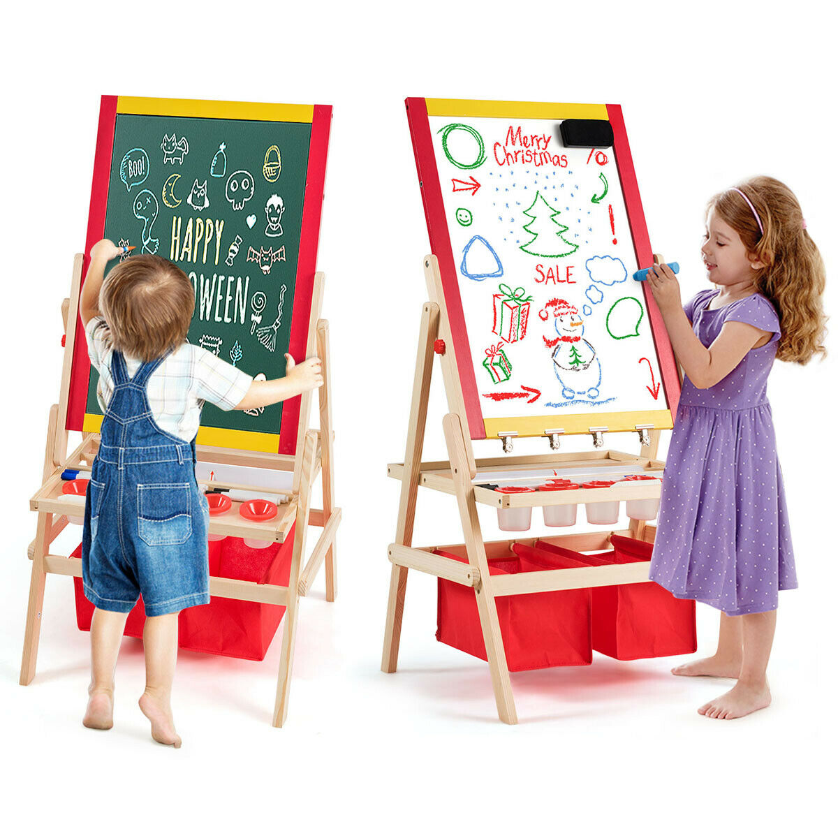 Children drawing on the double sided art easel with storage bags