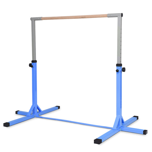 Children's Height Adjustable Gymnastics Training Bar, a blue and grey frame with a wooden bar