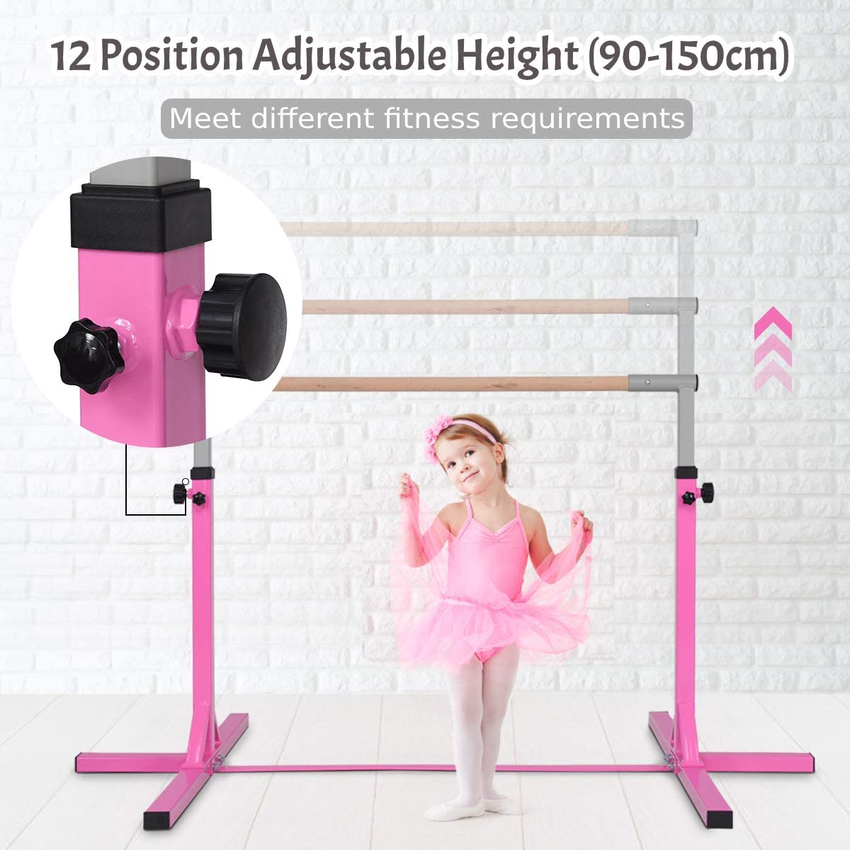 The gymnastics bar with a close-up of the black adjustment knob on the pink frame