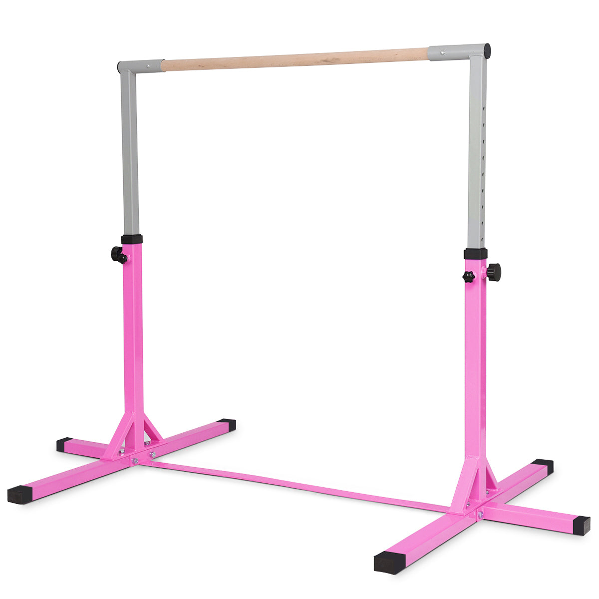 Children's Height Adjustable Gymnastics Training Bar in pink with a wooden horizontal rail