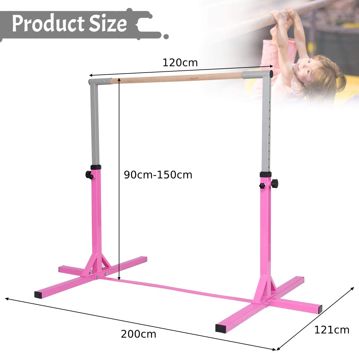 The gymnastics equipment shown with technical lines indicating its overall dimensions