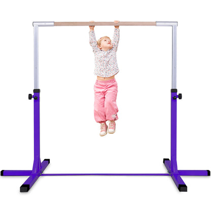 The purple gymnastics training bar with a child hanging from the bar