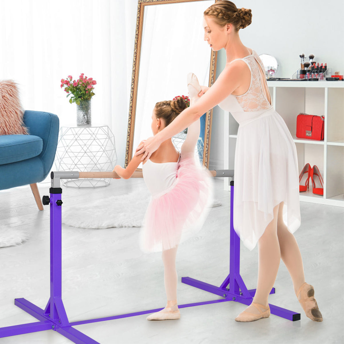 Children's Height Adjustable Gymnastics Training Bar, purple, with a girl practising ballet poses with an instructor