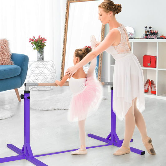 Children's Height Adjustable Gymnastics Training Bar, purple, with a girl practising ballet poses with an instructor