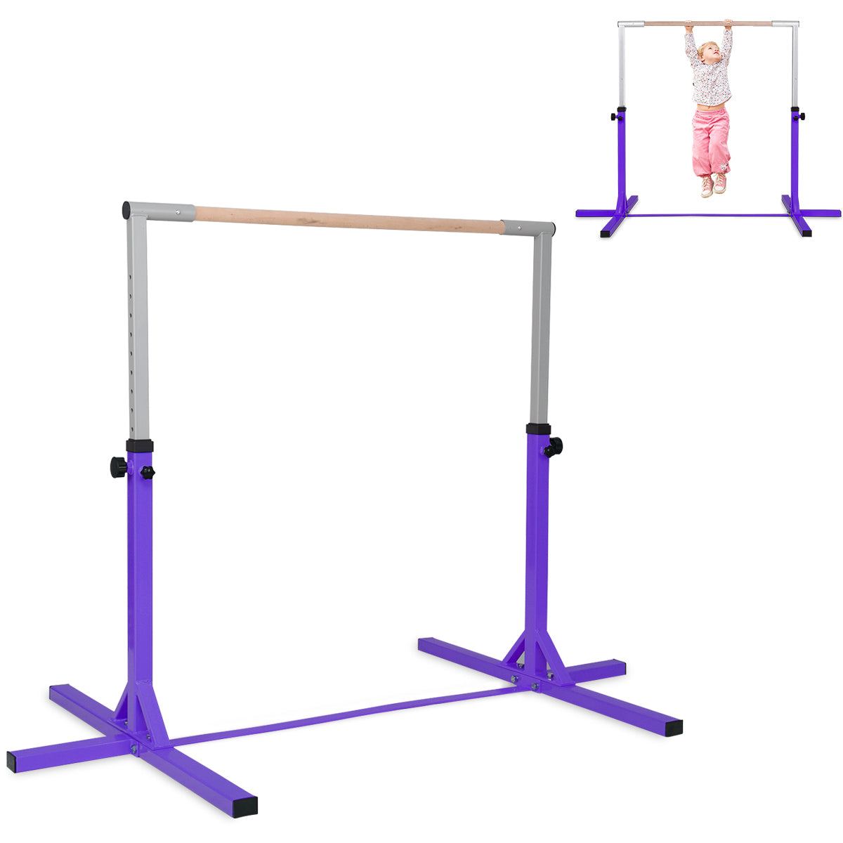 Purple gymnastics training bar with inset showing a smaller version for a child