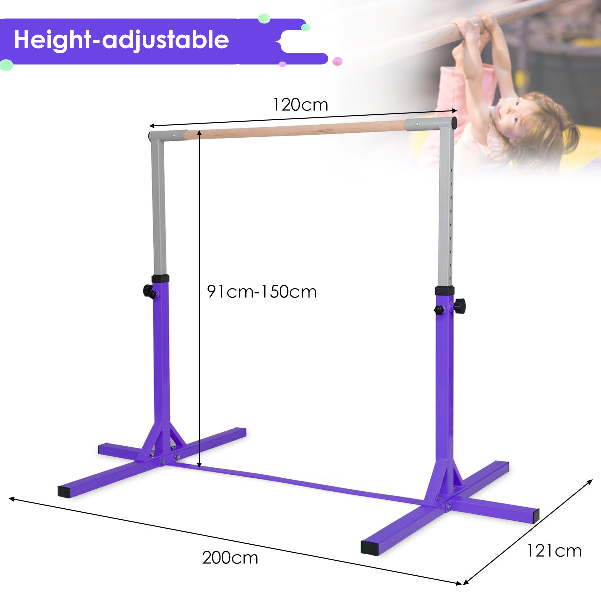 Height adjustable gymnastics training bar with dimensions shown